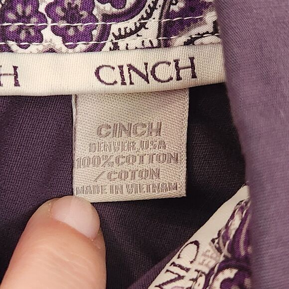 Cinch Shirt Mens L Purple Paisley Flip Cuff Long Sleeve Button Solid Western - Picture 4 of 12